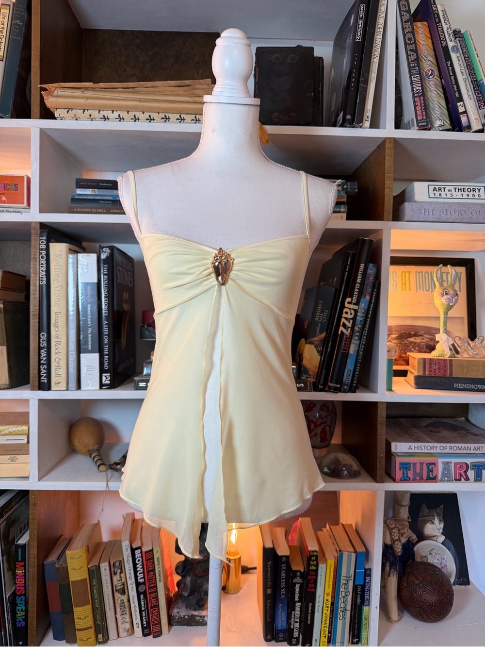 Sheer Yellow Slit Cami Top with Decorative Brooch